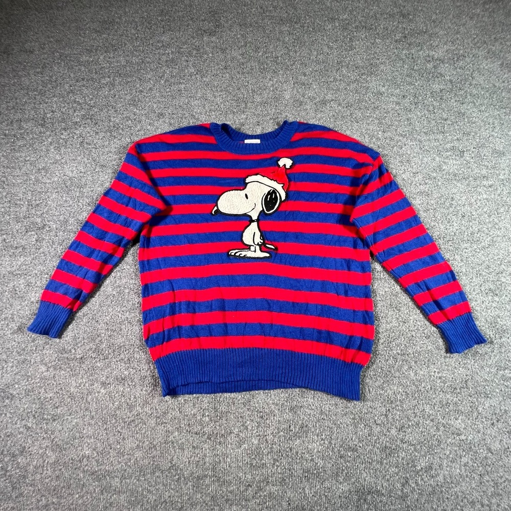 Peanuts Snoopy Christmas Sweater Womens XL Blue Red Striped Fuzzy Embroidery